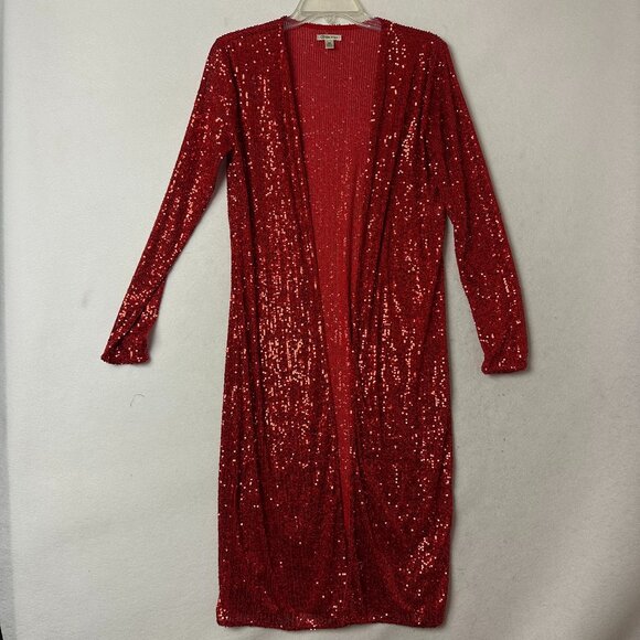 Versona cardigan sz M red sequin open long duster jacket Holiday Christmas - Picture 1 of 6